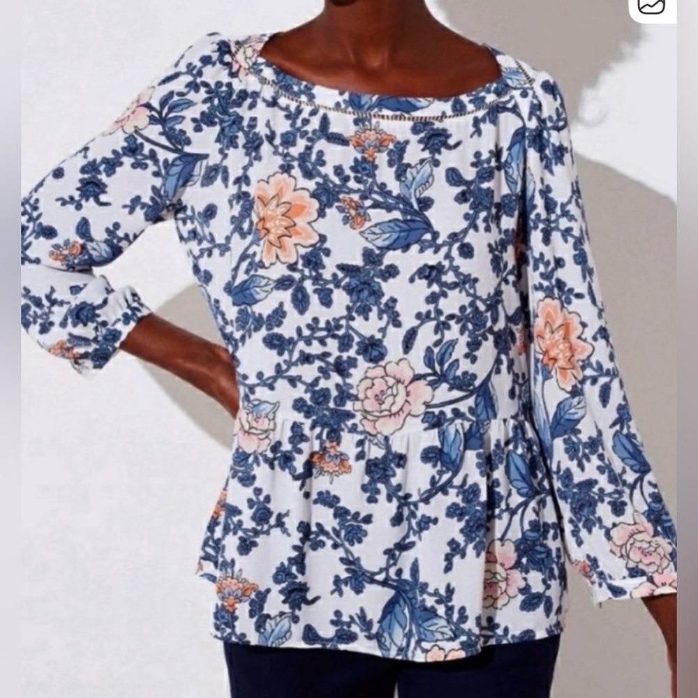 LOFT LONG SLEEVE WHITE BLUE & PEACH FLOWY PEPLUM BABYDOLL TOP BLOUSE SZ EX SMALL